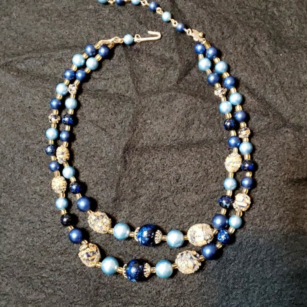 Mid-Century Vintage Double-Strand Blue & Gold Beaded Choker Necklace